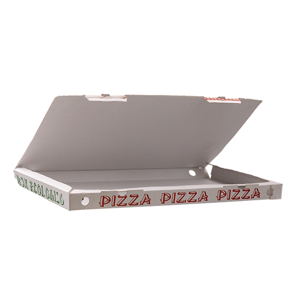 100 Box pizza bianchi 30x55 cm con stampa 3 box pizza formato teglia vista tre quarti aperta