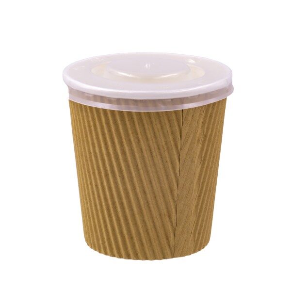 bicchiere in cartoncino avana con tappo in plastica trasparente