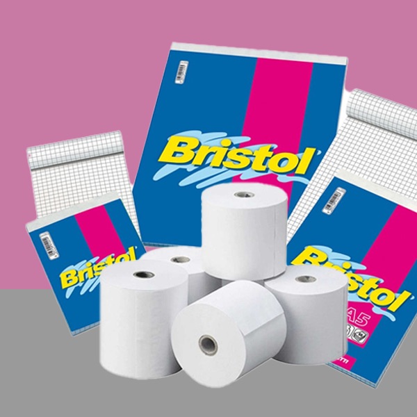 composizione di blocchi per appunti di vario formato e rotolini termici per registratori di cassa
