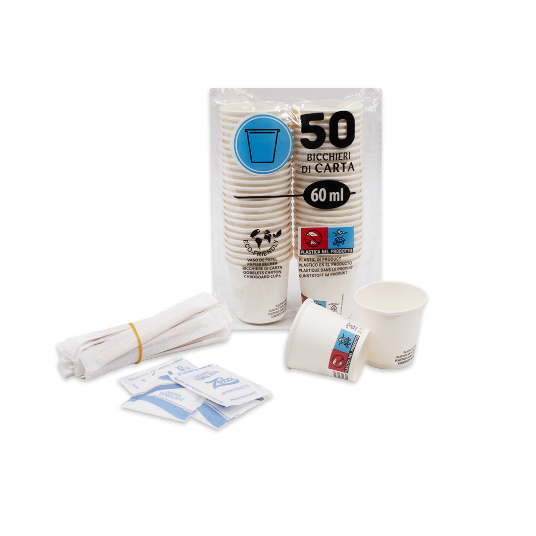 50 pz Kit Accessori Caffè ( zucchero , palettine , bicchieri ) 1 50 pz Kit Accessori Caffè ( zucchero , palettine , bicchieri )